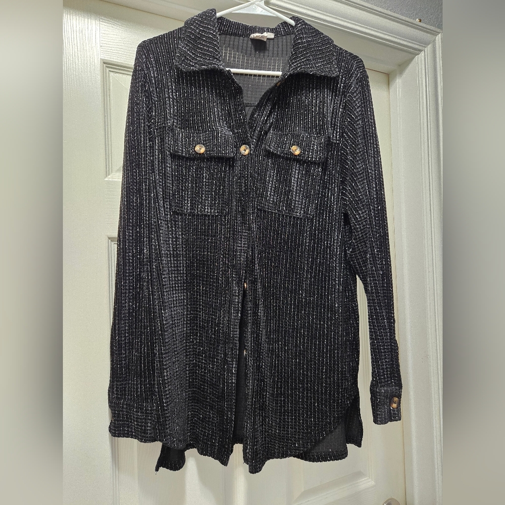Black Velour Ribbed Button Down Shirt Size M